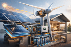 تصویر تولید برق رایگان با پنل خورشیدی و توربین بادی