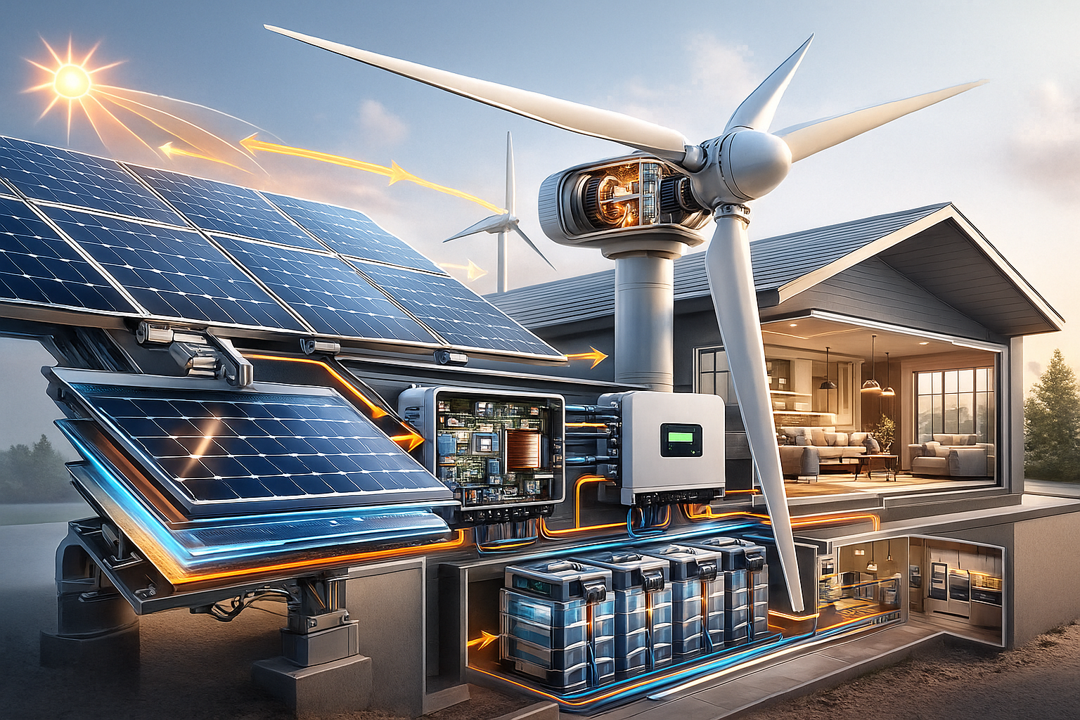 تصویر تولید برق رایگان با پنل خورشیدی و توربین بادی