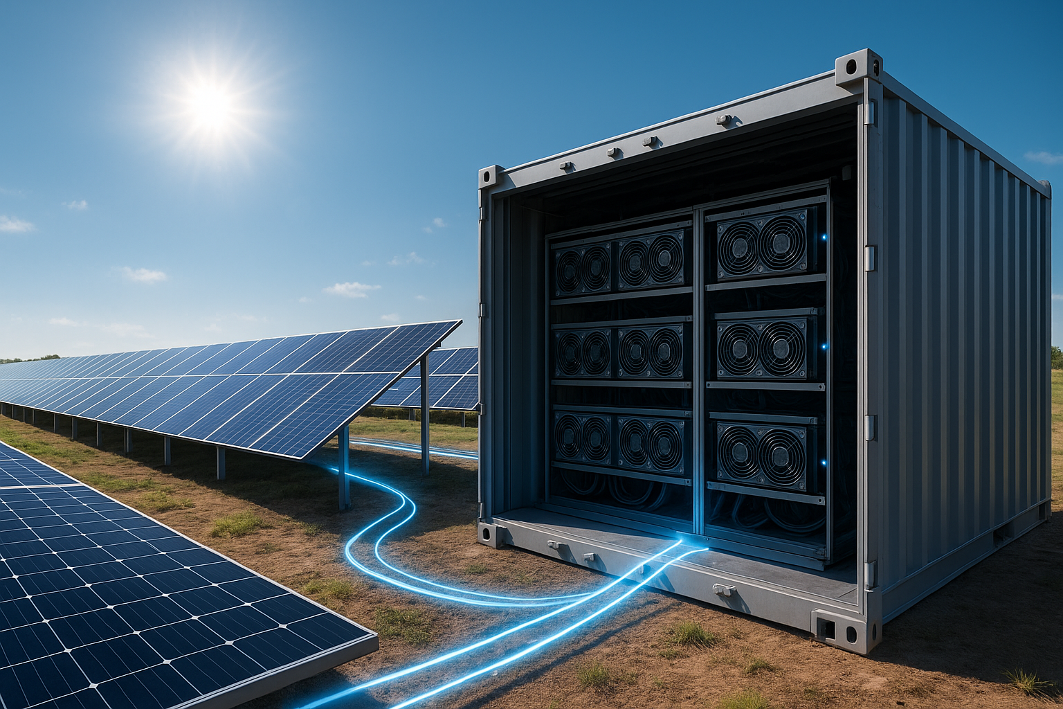 تصویر نقش پنل خورشیدی در مزارع ماینینگ برای کاهش ریسک قطعی برق