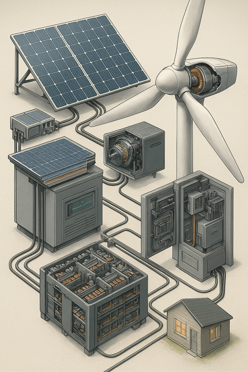 تصویر نیروگاه ترکیبی خورشیدی–بادی برای خانه