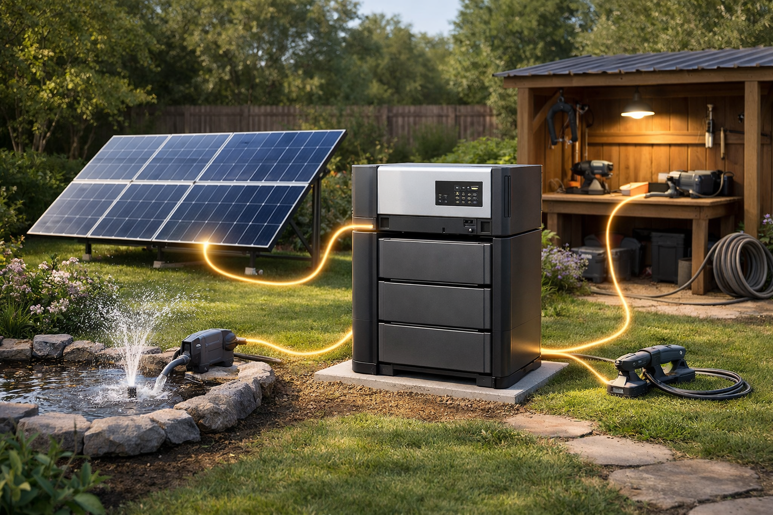 تصویر برق خورشیدی اضطراری برای باغ؛ راهکار قطعی برق بدون ژنراتور