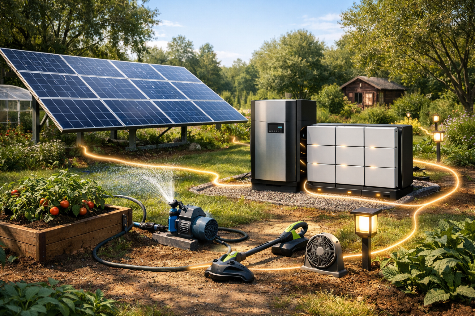 تصویر برق خورشیدی برای باغ بدون برق شهری؛ هزینه، تجهیزات و توان واقعی