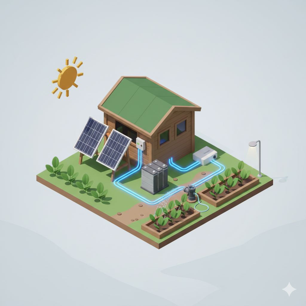 تصویر برق خورشیدی برای باغ بدون برق شهری؛ هزینه، تجهیزات و توان واقعی