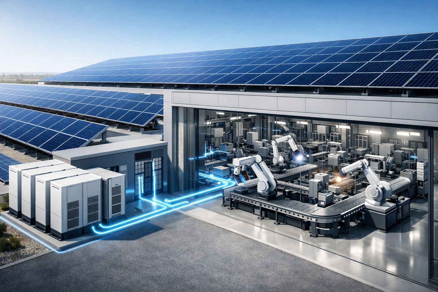 تصویر برق خورشیدی صنعتی چگونه جلوی توقف خط تولید را می‌گیرد؟