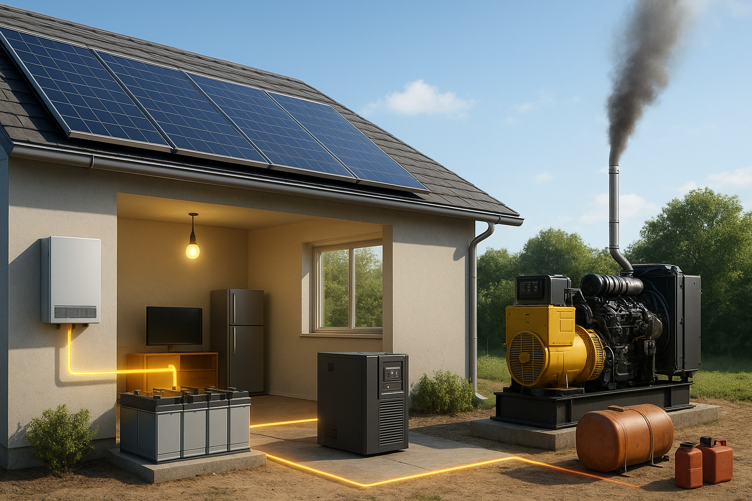 تصویر تفاوت برق خورشیدی اضطراری با UPS و ژنراتور دیزلی