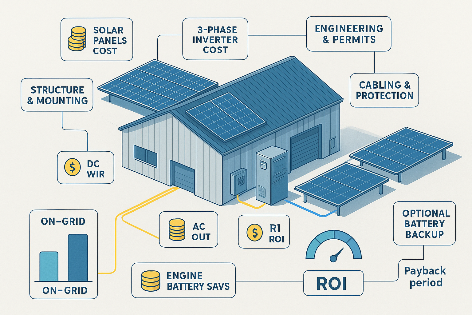 تصویر هزینه واقعی راه‌اندازی برق سه فاز خورشیدی برای کارخانه و کارگاه