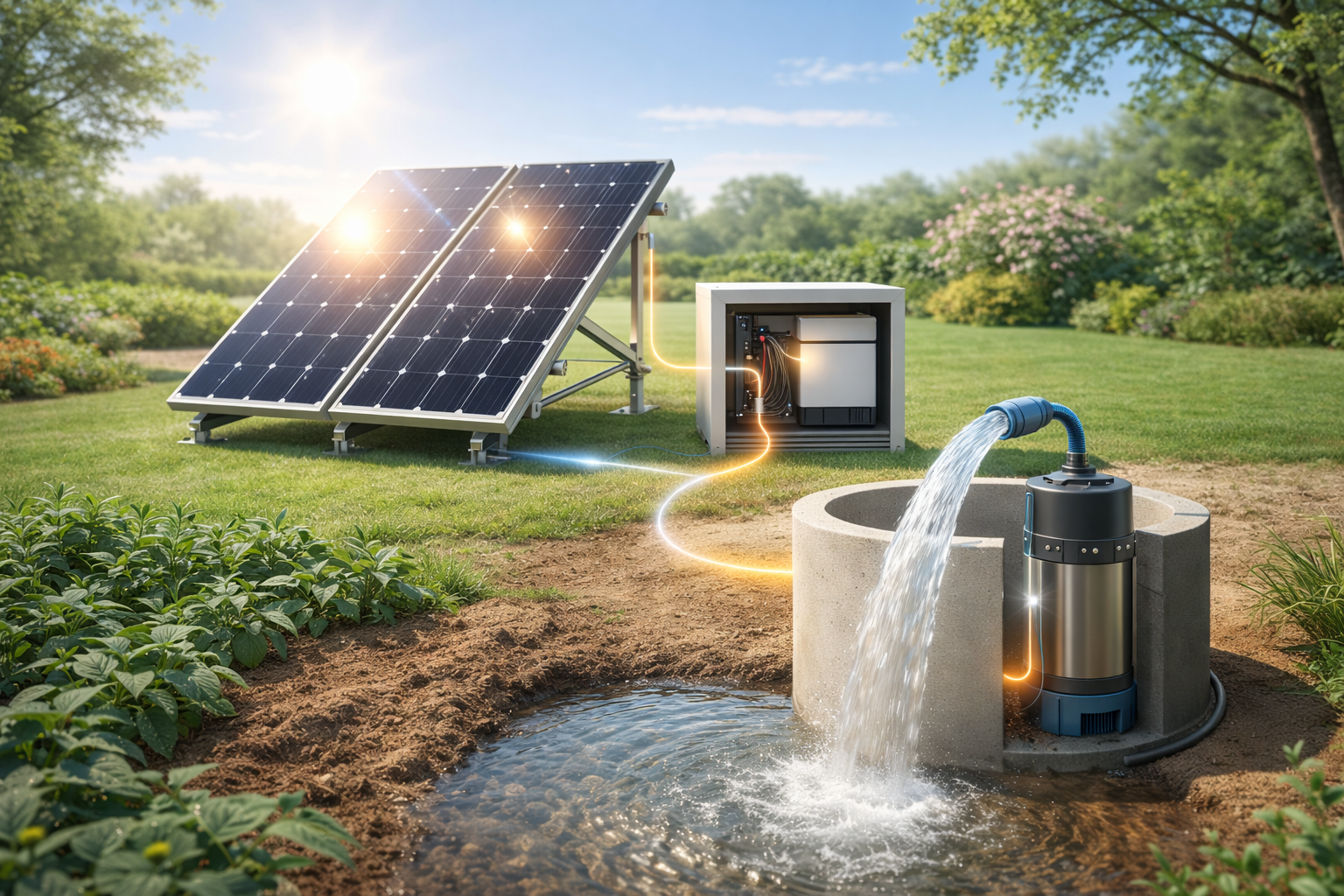 تصویر پنل خورشیدی برای پمپ آب باغ؛ انتخاب توان مناسب بدون اشتباه