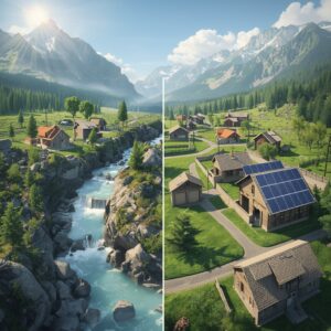 تصویر توربین آبی یا پنل خورشیدی؟ مقایسه برای مناطق کوهستانی و روستایی