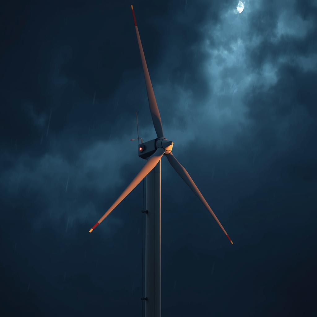 تصویر توربین بادی در شب و هوای ابری چگونه برق تولید می‌کند؟